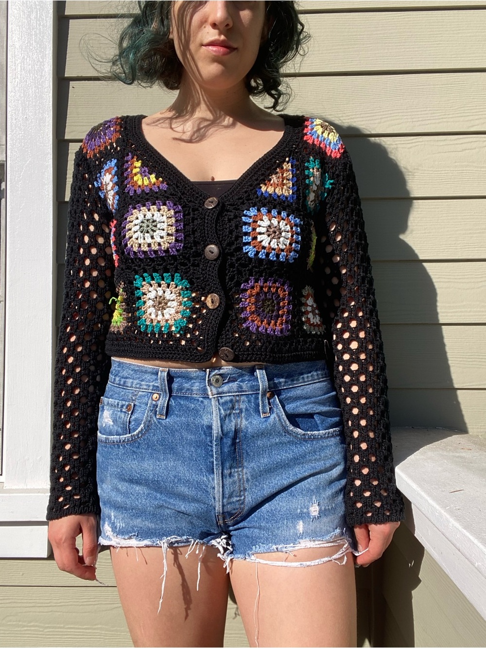 Debut Black Crocheted Granny Square Crop Cardigan Sweater